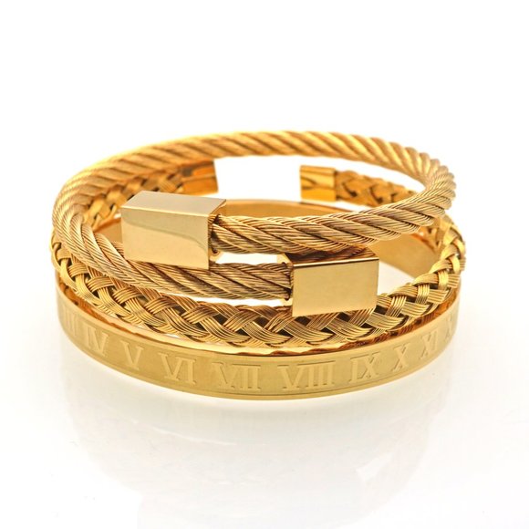 New! 3 Piece Royal Roman Bracelets Bangles Adjustable Gold - Picture 5 of 10